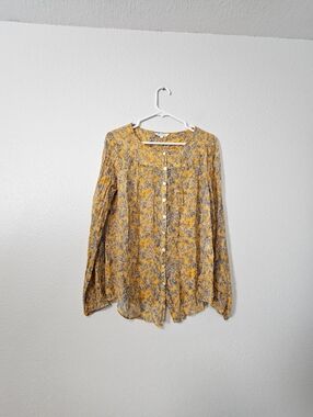 100% SILK Womens Sundsnce Floral Button-Front Yellow Blouse Sz M